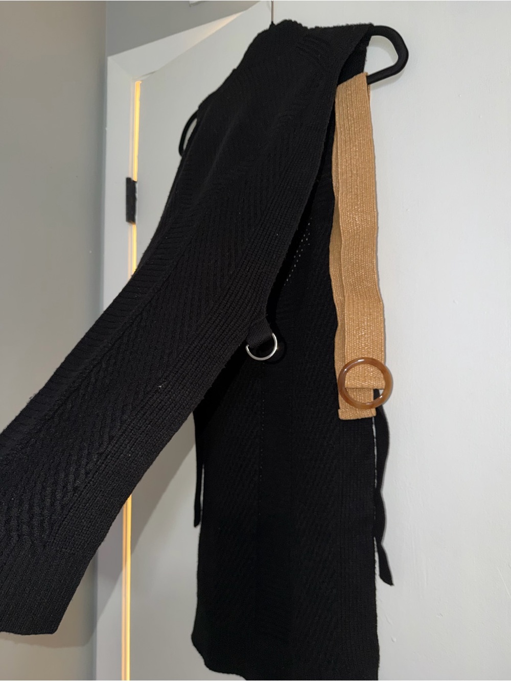 Black Knit Sleeveless Vest with Camel Belt Detail - Picture 2 of 5